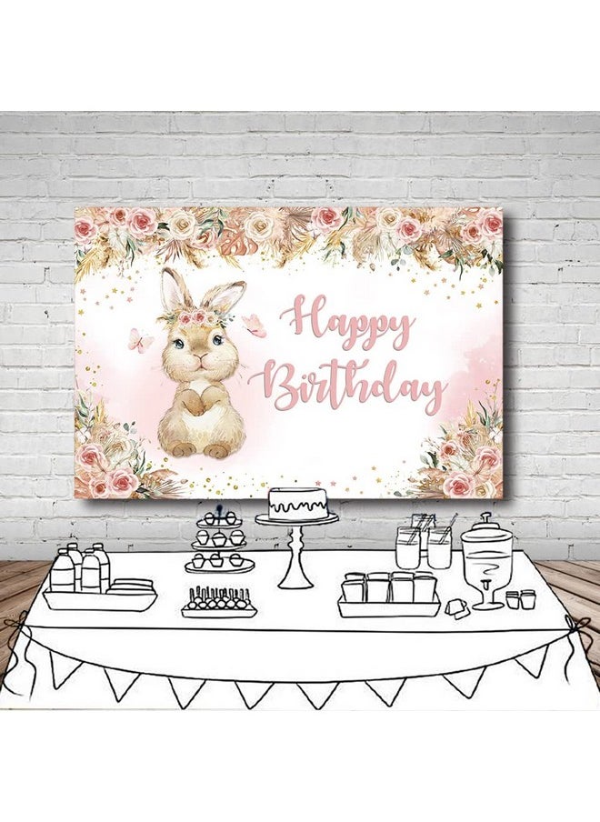 MEHOFOND Boho Floral Bunny Birthday For Girls Backdrop Flowers Rabbit Easter Day Photography Background Happy Birthday Banner Pampas Watercolor White Blush Pink Butterfly Photo Shoot Props 7X5Ft  - Image 4