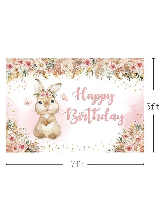 MEHOFOND Boho Floral Bunny Birthday For Girls Backdrop Flowers Rabbit Easter Day Photography Background Happy Birthday Banner Pampas Watercolor White Blush Pink Butterfly Photo Shoot Props 7X5Ft  - Image 3