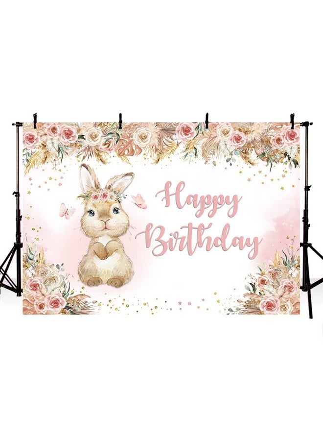 MEHOFOND Boho Floral Bunny Birthday For Girls Backdrop Flowers Rabbit Easter Day Photography Background Happy Birthday Banner Pampas Watercolor White Blush Pink Butterfly Photo Shoot Props 7X5Ft  - Image 2
