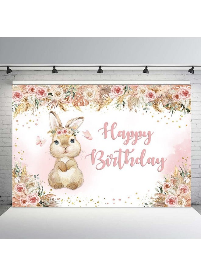 MEHOFOND Boho Floral Bunny Birthday For Girls Backdrop Flowers Rabbit Easter Day Photography Background Happy Birthday Banner Pampas Watercolor White Blush Pink Butterfly Photo Shoot Props 7X5Ft  - Image 1