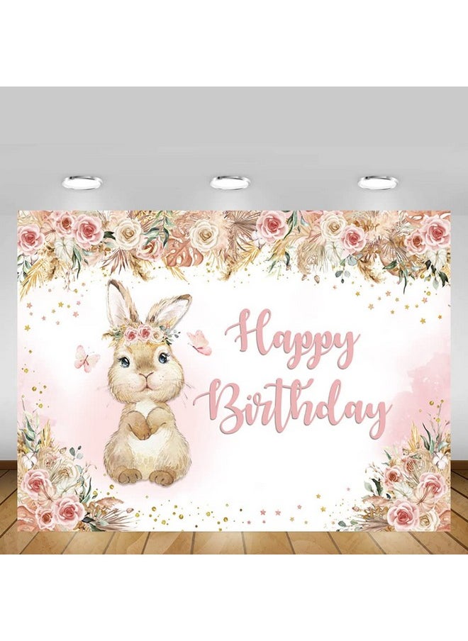 MEHOFOND Boho Floral Bunny Birthday For Girls Backdrop Flowers Rabbit Easter Day Photography Background Happy Birthday Banner Pampas Watercolor White Blush Pink Butterfly Photo Shoot Props 7X5Ft  - Image 5