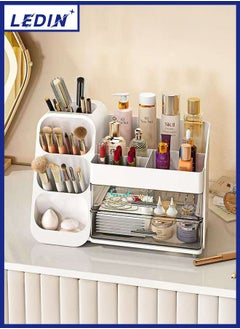 LEDIN Makeup Organizer for Vanity Countertop, Large Capacity Cosmetics Display Case with Drawers, Skincare Organizer with Makeup Brush Holder for Bathroom Dresser Bedroom (White)  - Image 1
