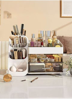 LEDIN Makeup Organizer for Vanity Countertop, Large Capacity Cosmetics Display Case with Drawers, Skincare Organizer with Makeup Brush Holder for Bathroom Dresser Bedroom (White)  - Image 2
