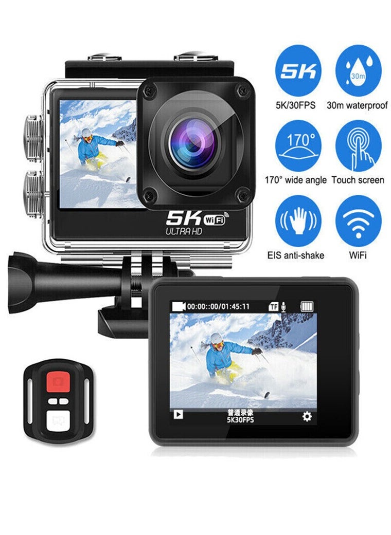 Generic - 5K WiFi Action Camera 170° Wide Angle, Anti-Shake Action Camera Waterproof Remote Control Action Camera with Remote Control and Accessories - Image 1