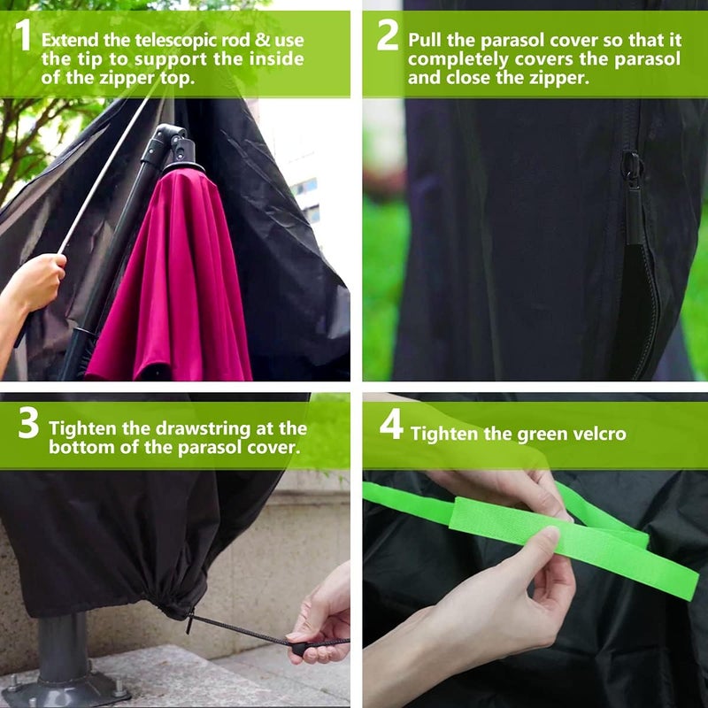 GEMITTO Patio Umbrella Cover, Waterproof Outdoor Offset Market Umbrella Parasol Covers with Zipper & Rod, for 9-13ft Cantilever Umbrellas, Anti-UV Rain Wind Dust(420D Cantilever Umbrella Cover), Black - Image 4