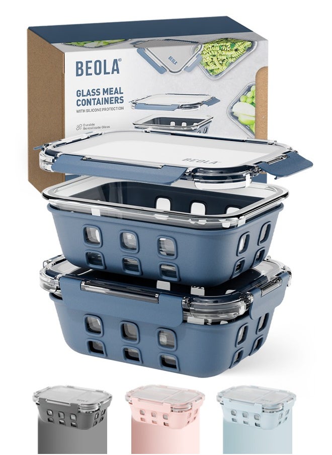 BEOLA Set of 2 Glass Food Storage Containers with Airtight Lids and Silicone Protection, Leakproof Food Organizer, Freezer, Dishwasher, Microwave Safe, Kitchen Organizer for Food(1050ml, Marine Blue)  - Image 1