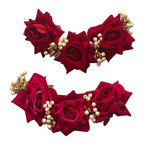 Samyak Pack of 2 Beautiful Artificial Rose Flower Hair Pin | Gajra | Bridal Wedding Headdress | Hair Jewellery | Bun Juda Decoration Hair Accessories Women & Girls (Red-Pink) - Image 1