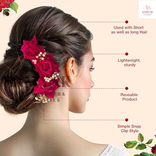 Samyak Pack of 2 Beautiful Artificial Rose Flower Hair Pin | Gajra | Bridal Wedding Headdress | Hair Jewellery | Bun Juda Decoration Hair Accessories Women & Girls (Red-Pink) - Image 3