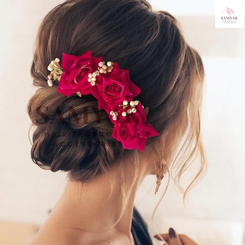 Samyak Pack of 2 Beautiful Artificial Rose Flower Hair Pin | Gajra | Bridal Wedding Headdress | Hair Jewellery | Bun Juda Decoration Hair Accessories Women & Girls (Red-Pink) - Image 2