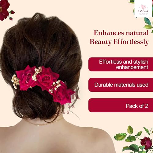 Samyak Pack of 2 Beautiful Artificial Rose Flower Hair Pin | Gajra | Bridal Wedding Headdress | Hair Jewellery | Bun Juda Decoration Hair Accessories Women & Girls (Red-Pink) - Image 5