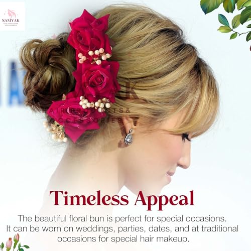 Samyak Pack of 2 Beautiful Artificial Rose Flower Hair Pin | Gajra | Bridal Wedding Headdress | Hair Jewellery | Bun Juda Decoration Hair Accessories Women & Girls (Red-Pink) - Image 4