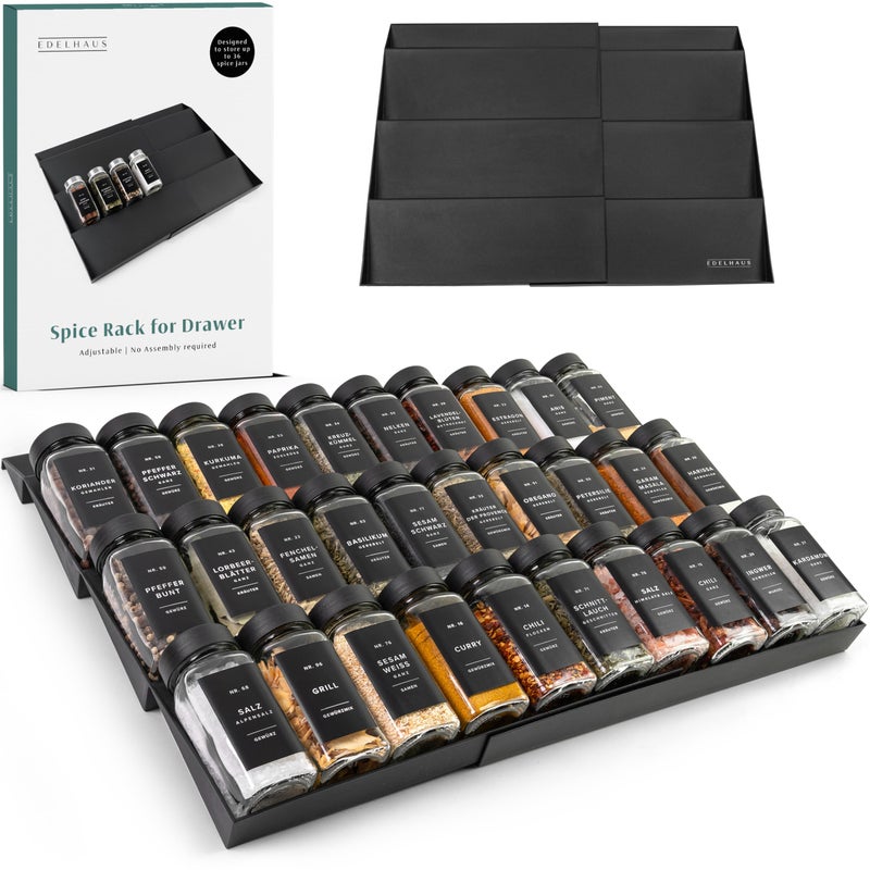 EDELHAUS Spice Drawer Organizer - Expandable Spice Rack for Drawer, Black Seasoning Organizer for Drawer Spice Organizer, Spice Organization Seasoning rack insert for Cabinet (Jars Not Included) - Image 1