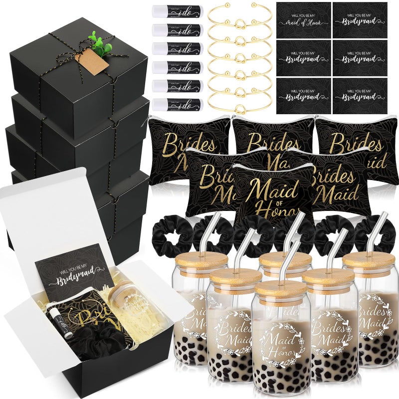 FillTouch 54 Pcs Bridesmaid Proposal Gifts Maid of Honor Gifts Bridesmaid Box Set Include Gift Box Makeup Bag Invited Card Glass Cup Lip Balm Scrunchie Hair Knotted Bracelet for WeddingBlack