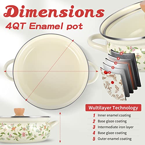 OLYTARU Enamel Stock Pot with Lid, Floral Retro Cooking Pot for Stove Non Stick Soup Pot, Induction Pasta Pot, All Stove Compatible (STYLE1) - Image 2