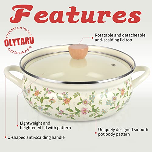 OLYTARU Enamel Stock Pot with Lid, Floral Retro Cooking Pot for Stove Non Stick Soup Pot, Induction Pasta Pot, All Stove Compatible (STYLE1) - Image 4