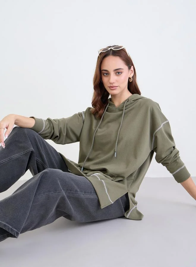 Styli  Khaki Oversized Longline Hoodie for Women | Best Price UAE