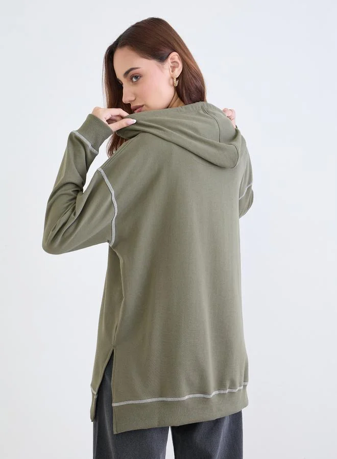 Styli  Khaki Oversized Longline Hoodie for Women | Best Price UAE
