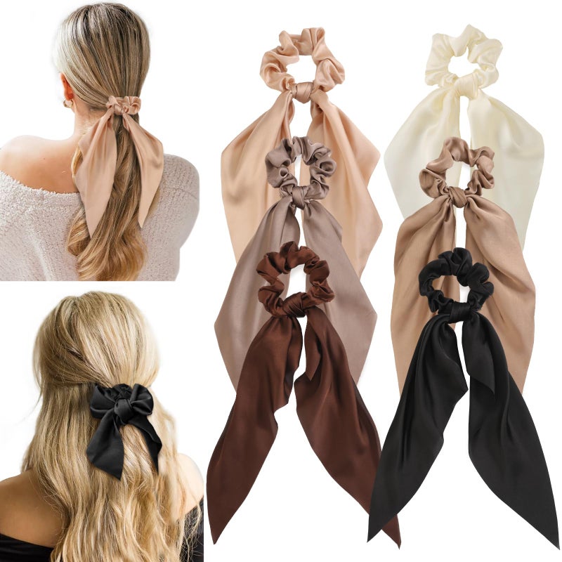 Glaudmeiss 6 PCS Bow Silk Scrunchies, Hair Ties with Bows, Hair Scrunchies for Women Girls, Knotted Bows Silk Hair Ties, Satin Hair Ribbon Elastic Hair Tie - Image 1