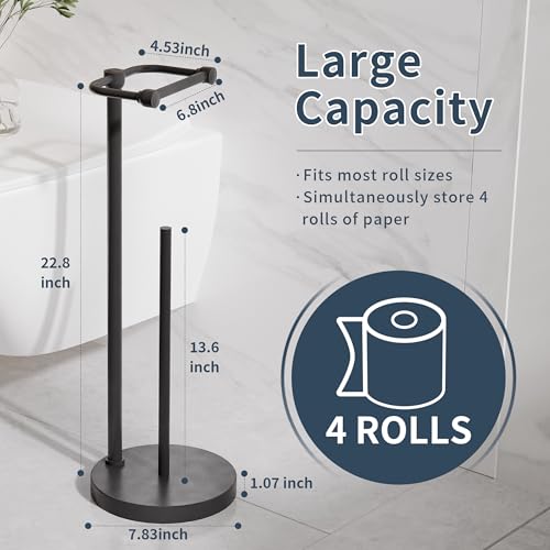 RARXTR Toilet Paper Holder Stand, Post Pivoting Design Free Standing Toilet Paper Holder with Storage for 4 Rolls, SUS304 Stainless Steel Tissue Holder with Reserve, Heavy-Duty Base (Matte Black) - Image 4