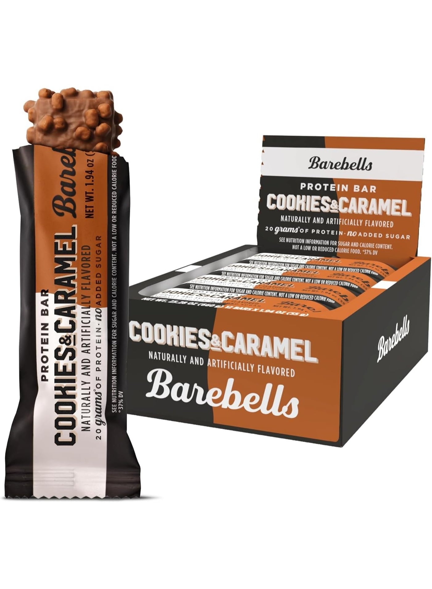 Barebells Protein Bar (Cookies and Caramel) Protein Snacks with 20g of High Protein - Chocolate Protein Bar with 1g of Total Sugars - On The Go Protein Snack & Breakfast Bar (Pack of 12)