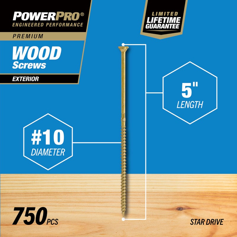 Power Pro Premium Exterior Wood Screws, #10 x 5 Inch All-Purpose Deck Screws for Outdoor Projects, T-25 Star Bit Included, Bronze, 750 Pieces | 967784 - Image 4