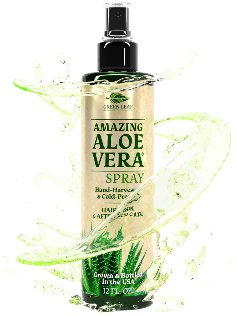 Green Leaf Naturals Aloe Vera Spray | 99% Cold-Pressed Aloe Vera Juice with Vitamin C, E & A | Hair, Skin, Facial Moisturizer, Sunburn Relief & After Sun Lotion 12oz - Image 1