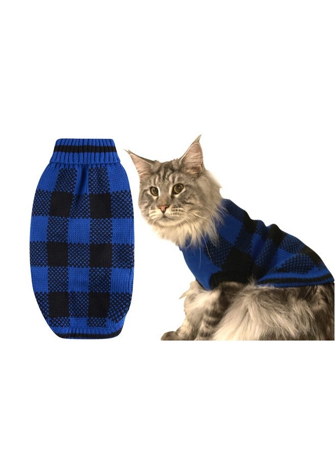 Nothers Blue Black Plaid Knitted Xmas Holiday Festive Turtleneck Pet Sweater for Puppy Small Dogs Cat Sweaters, X-Small (XS) 8" Back Length - Image 1