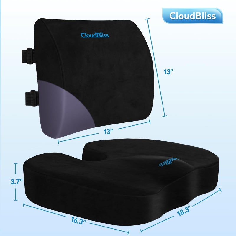 CloudBliss وسادة مقعد CloudBliss، وسادة كرسي مكتب، وسادة مقعد سيارة، وسادة دعم قطنية للظهر لكرسي المكتب، وسادة دعم الظهر من رغوة الذاكرة، وسادة لعلاج آلام العصعص وعلم الأعصاب، أسود، كبير جداً - Image 2