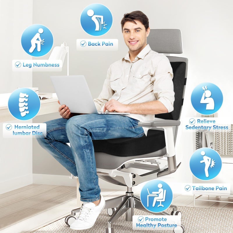 CloudBliss وسادة مقعد CloudBliss، وسادة كرسي مكتب، وسادة مقعد سيارة، وسادة دعم قطنية للظهر لكرسي المكتب، وسادة دعم الظهر من رغوة الذاكرة، وسادة لعلاج آلام العصعص وعلم الأعصاب، أسود، كبير جداً - Image 5