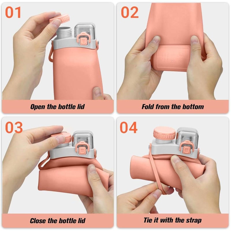 HEYOL 600ml Collapsible Silicone Water Bottle with Straw and Hook BPAFree Leakproof Portable Folding Water Bottle for Hiking Camping Sports and Outdoor Adventures Pink - Image 2