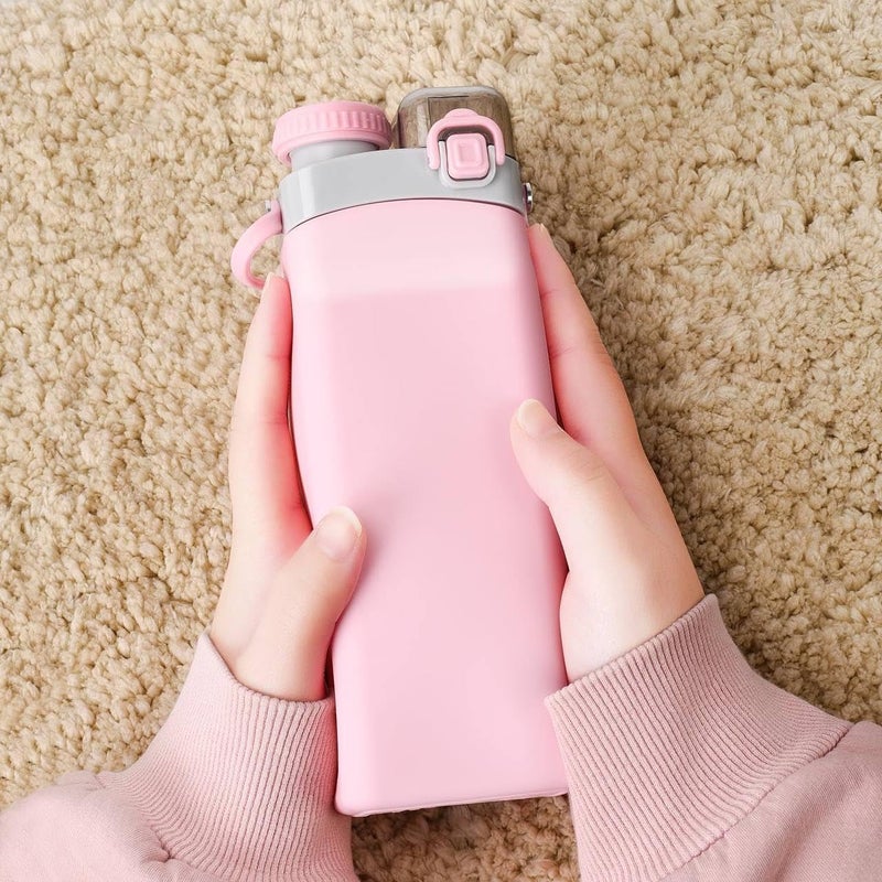 HEYOL 600ml Collapsible Silicone Water Bottle with Straw and Hook BPAFree Leakproof Portable Folding Water Bottle for Hiking Camping Sports and Outdoor Adventures Pink - Image 3