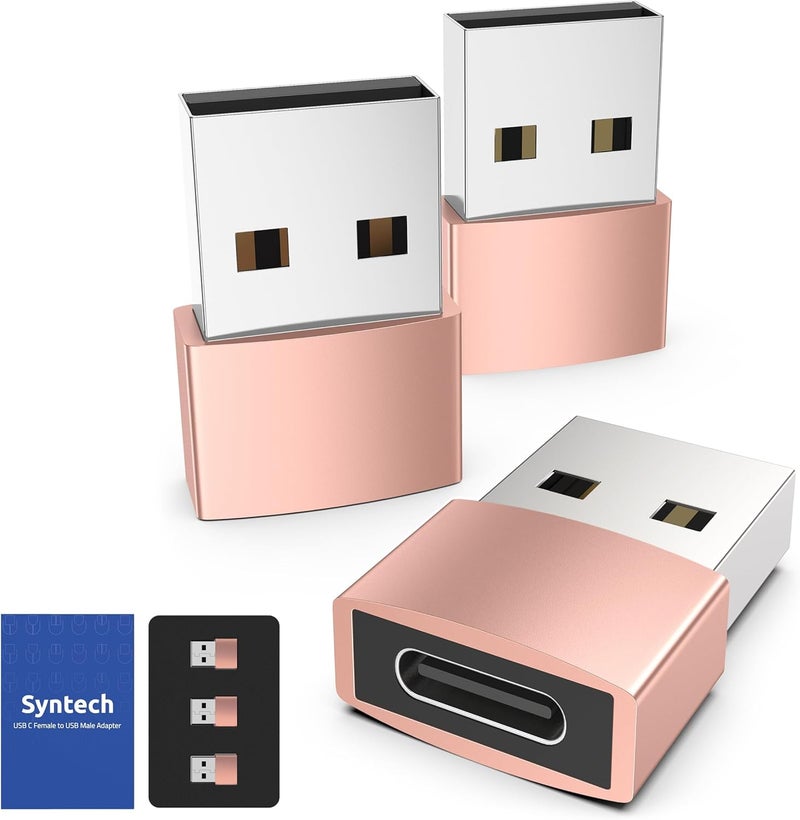 Syntech محول USB C أنثوي إلى USB A ذكر 3 حزمة، كابل شاحن نوع C محول طاقة متوافق مع iPad Air 7، iPhone 17/16/15/14 Pro Max، Apple Watch Series 10/9، Samsung Galaxy S20 وغيرها، ذهب وردي - Image 1