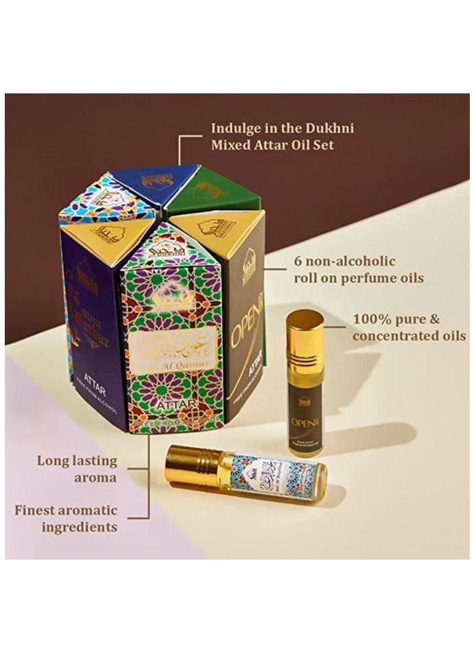DUKHNI - Attar Oil Set - 6 x 6ml. Open, Attar Full, SkyDive, Shahi Darbar, Oud Al Qamar, Oud Al Raghbah - Image 1