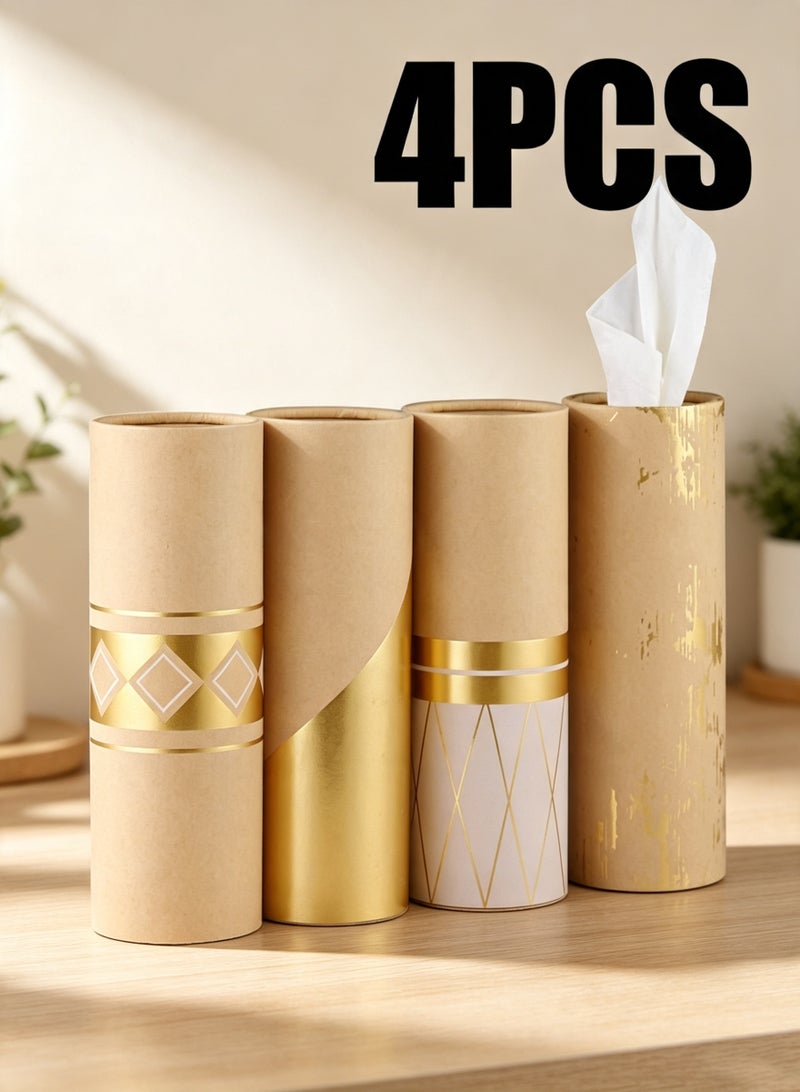 MAIDI Car Tissue Holder with 3-ply Facial Tissues Bulk - 4 PK Gold Foil Cylinder, for Car, Travel Cup Holder, Refill Box Round Container Kraft - Image 1