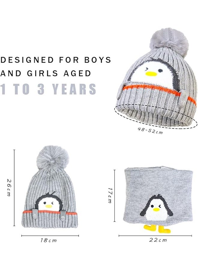 2 Piece Cartoon Penguin Knitted Winter Hat and Scarf Set for Babies and Toddlers Ages 1 to 3 Years Warm Knit Beanie and Neck Warmer for Boys and Girls - Image 2