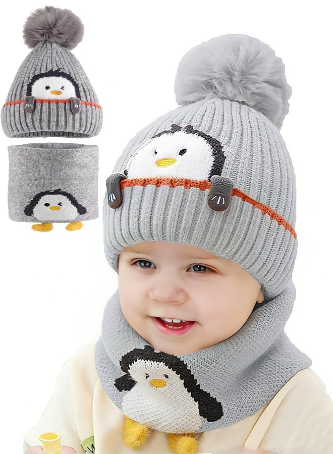 2 Piece Cartoon Penguin Knitted Winter Hat and Scarf Set for Babies and Toddlers Ages 1 to 3 Years Warm Knit Beanie and Neck Warmer for Boys and Girls - Image 1