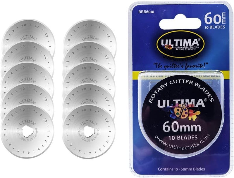 Ultima 60mm Rotary Cutter Blades – 10 Blades Per Pack – Fits Most Rotary Cutters Including Fiskars, Olfa, Martelli and TrueCut – Cuts Quilting Fabric, Leather, and More - Image 1