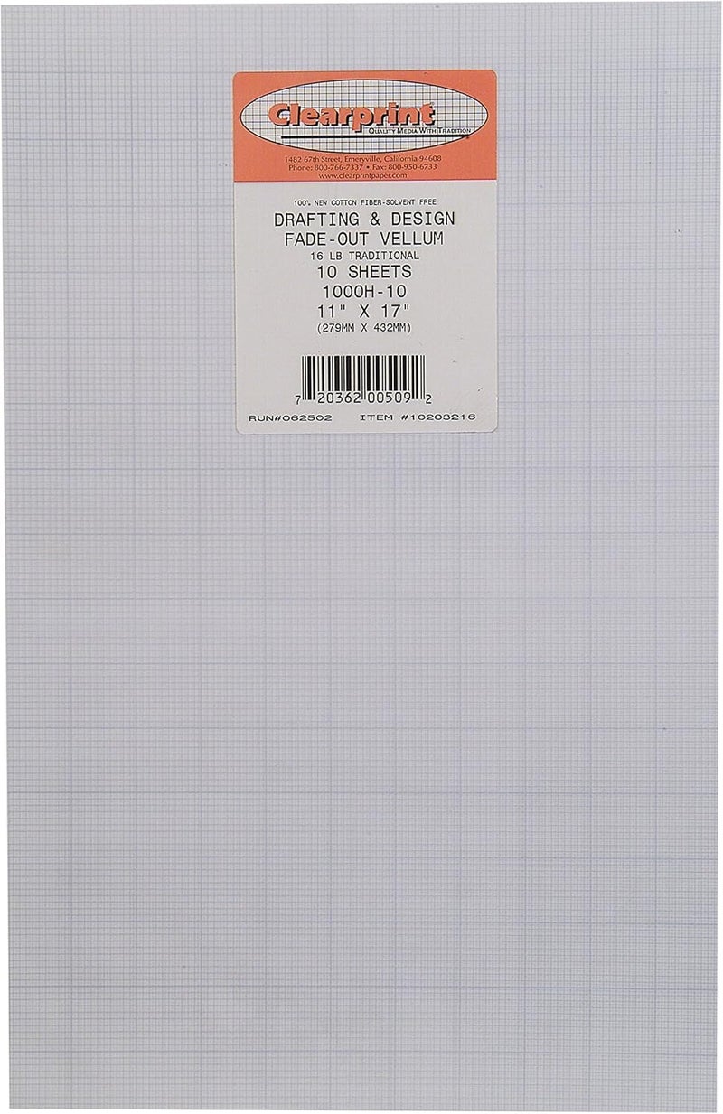 Clearprint 11 x 17 1000H Design Vellum Sheets with Printed FadeOut 10x10 Grid 16 lb 100 Cotton 10 Sheets Per Pack 1 Each