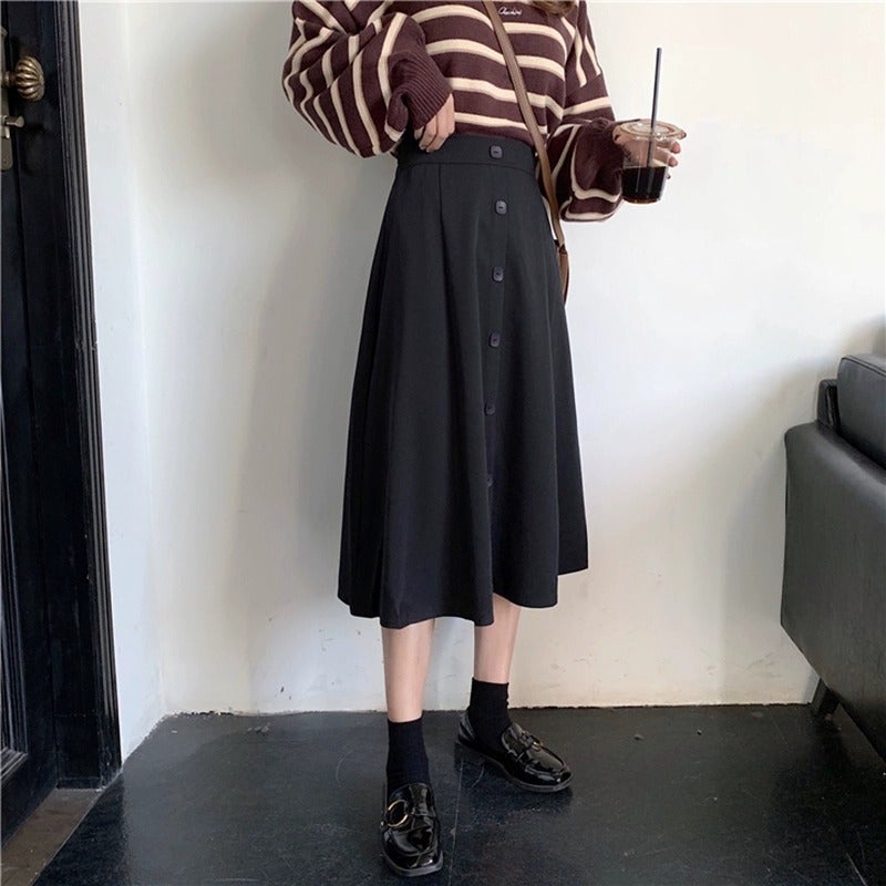 Mid-Length Skirt Umbrella Skirt High Waist Slimming 2024 Autumn New Plus Size Skirt Women'S Chubby Girl Single-Breasted A- Line Covering Skirt - Image 3