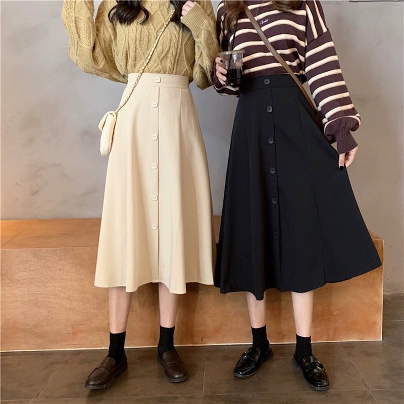 Mid-Length Skirt Umbrella Skirt High Waist Slimming 2024 Autumn New Plus Size Skirt Women'S Chubby Girl Single-Breasted A- Line Covering Skirt - Image 2
