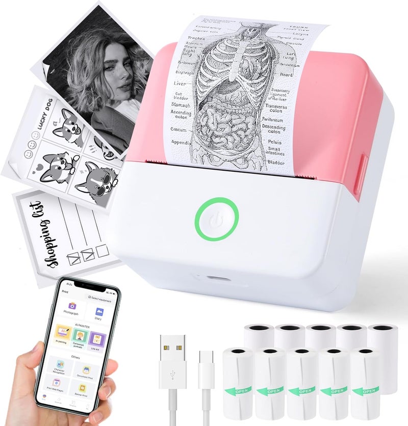cudinham Print Pods Mini Printer, Sticker Printer with 10 Rolls Thermal Printing Paper, Inkless Pocket Printpod for Phone, Impresora Portátil for Notes, DIY, Compatible with iOS & Android (Pink) - Image 1