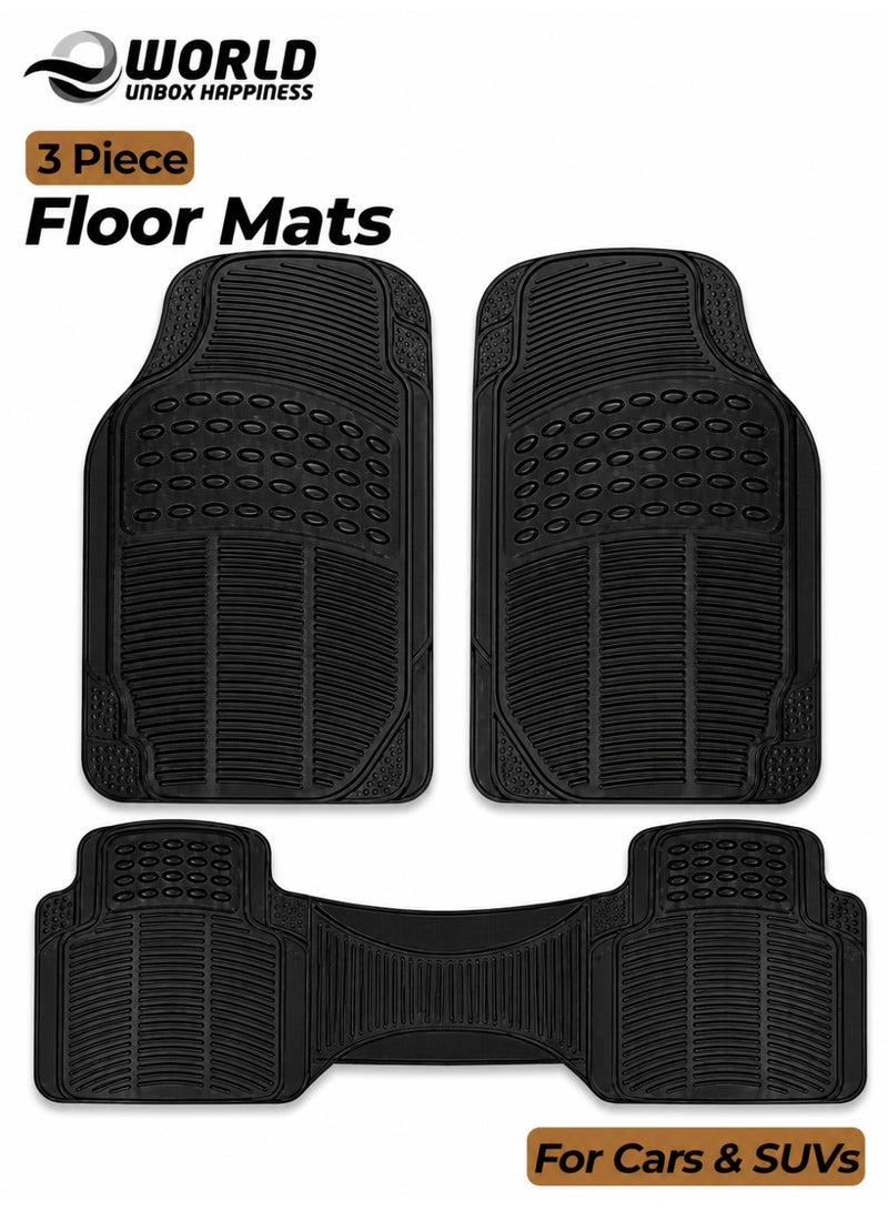 Eworld 3 Piece Set Enhanced Proline Trimmable Floor Mats for Cars Trucks Jeeps Vans and SUVs Universal Fit Design Black Heavy Duty Waterproof and All Weather Protection Odorless Rubber with Anti-Slip Feature - Image 1