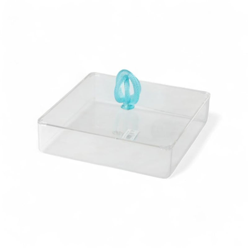 Soleter Acrylic Snacks Serving Tray with Lid – Clear & Sky Blue, Medium Square Transparent Tray with Decorative Twisted Handle, Premium Home Decor for Appetizers, Desserts, Weddings & Special Occasions