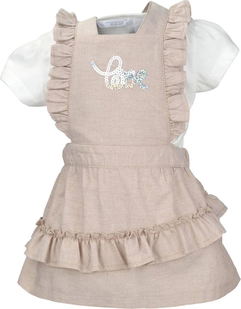 Mininio Baby Girl Beige Love Sequined Vest and T-Shirt Set (9 Months - 4 Years)