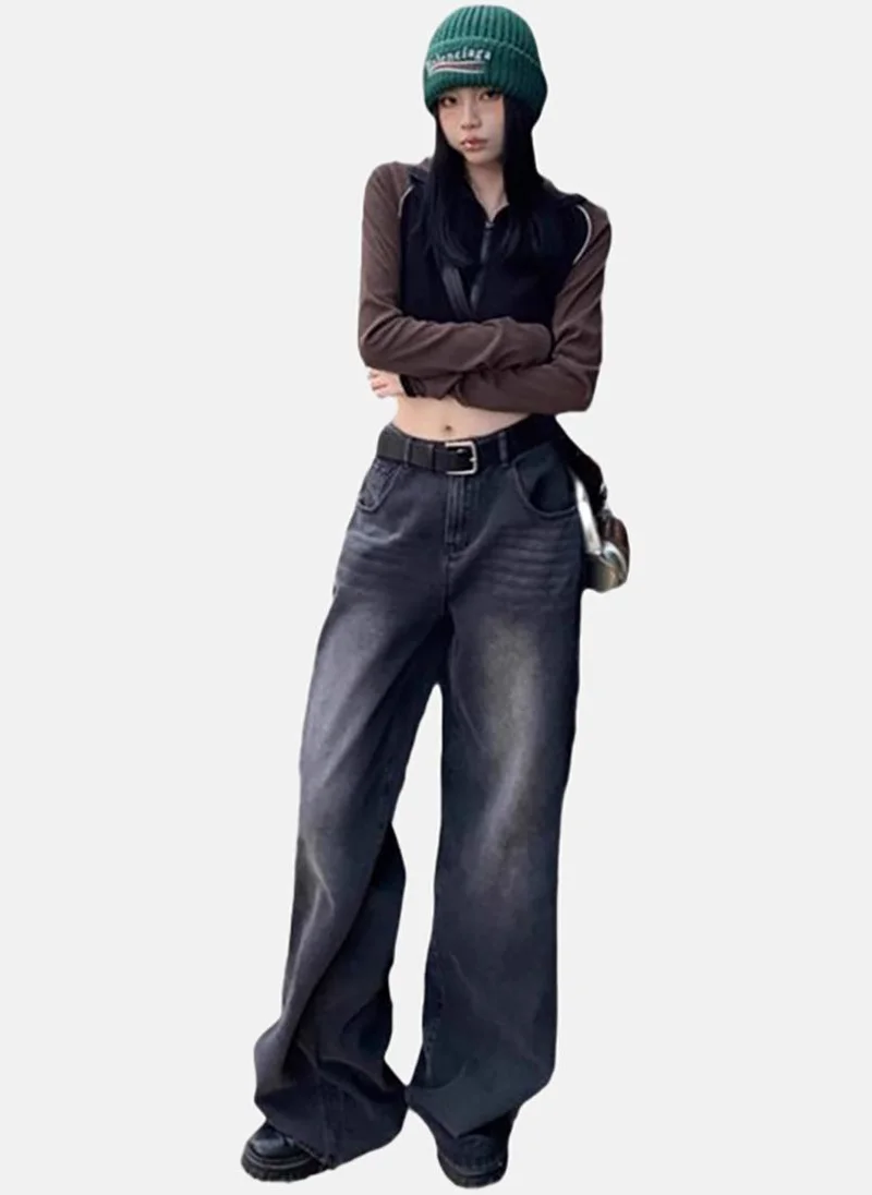 YUNIQEE Grey Solid Low Rise Relaxed Wide Leg Jeans