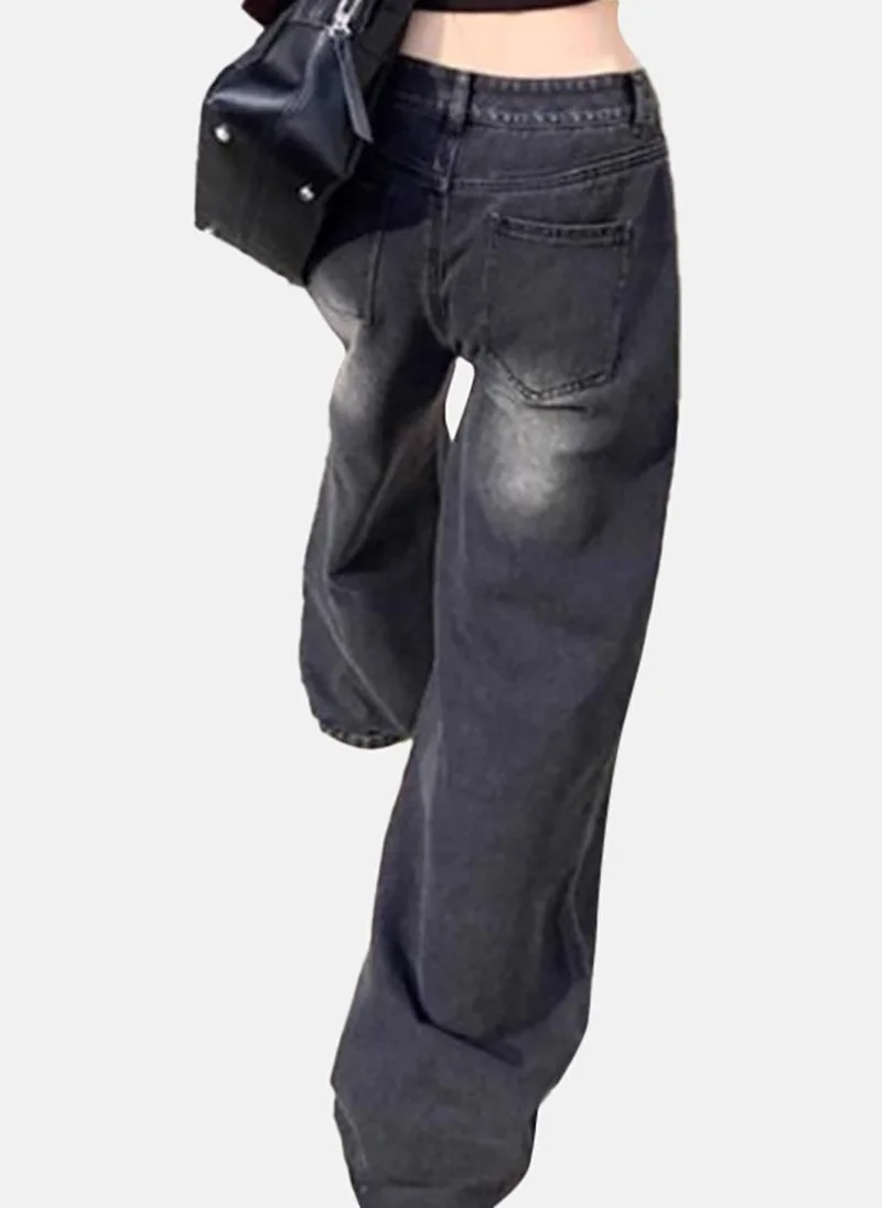YUNIQEE Grey Solid Low Rise Relaxed Wide Leg Jeans
