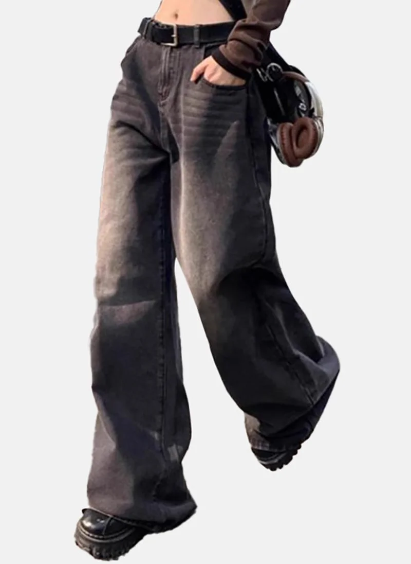 YUNIQEE Grey Solid Low Rise Relaxed Wide Leg Jeans