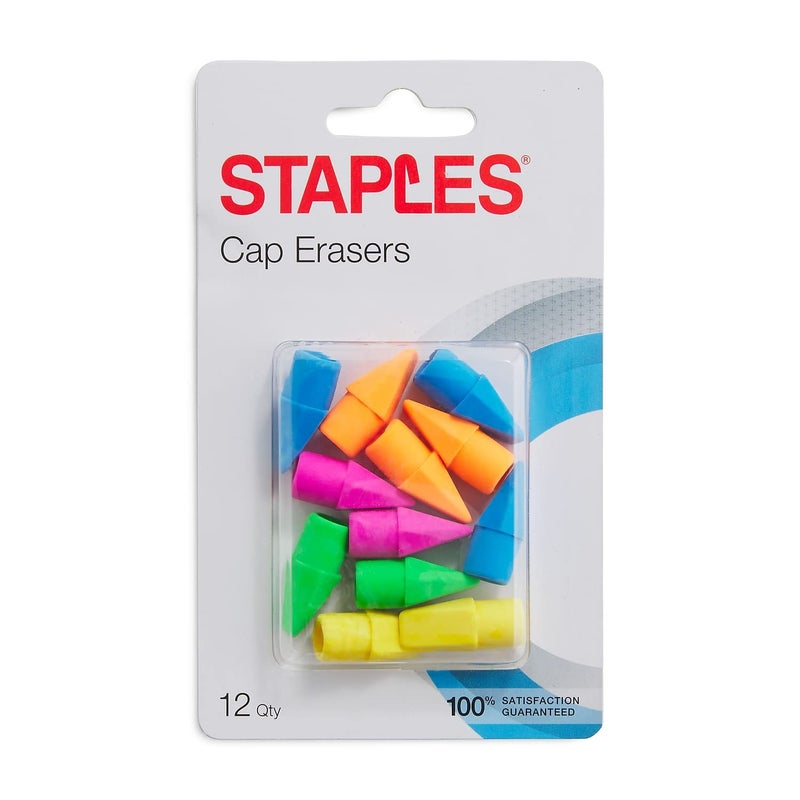 StaplesÂ® Arrowhead Cap Erasers, Assorted Colors, 12 Counts - Image 1