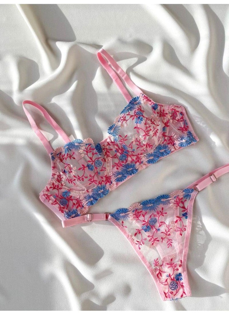 La Linaa Violet Floral Patterned Thong Panty Bra Set 
