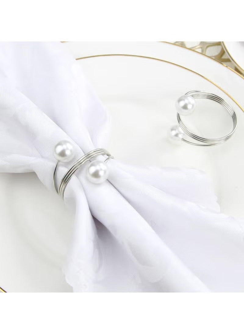 8Pcs Silver Pearl Napkin Rings Retro And Simple Style Silver Napkin Ring Pearls，Silver Metal Electroplated Napkin Rings For Family Dinner Wedding Table Decoration Birthday Party Decoration  - Image 2